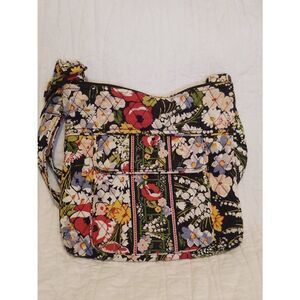 Vera Bradley Black Quilted Cotton Multicolor Floral Saddle Crossbody Bag Purse